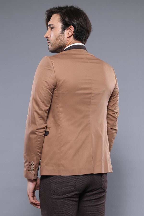 Single Button Standing Collar Beige Men Blazer - Wessi