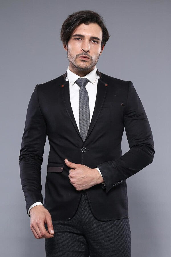 Single Button Standing Collar Black Men Blazer - Wessi