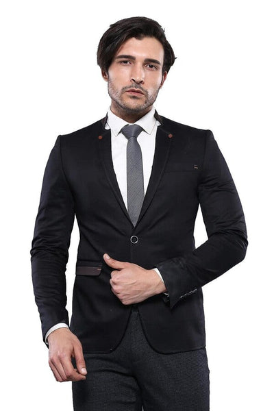 Single Button Standing Collar Black Men Blazer - Wessi