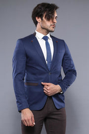 Single Button Standing Collar Navy Blue Men Blazer - Wessi