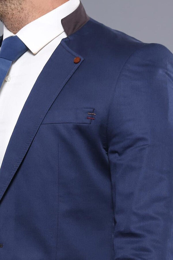 Single Button Standing Collar Navy Blue Men Blazer - Wessi