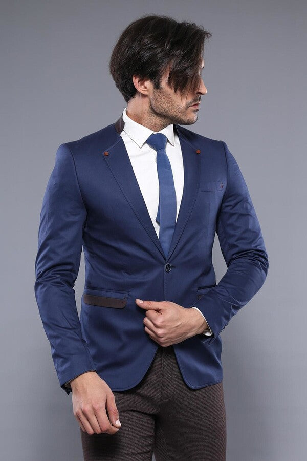 Single Button Standing Collar Navy Blue Men Blazer - Wessi