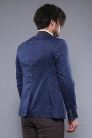 Single Button Standing Collar Navy Blue Men Blazer - Wessi