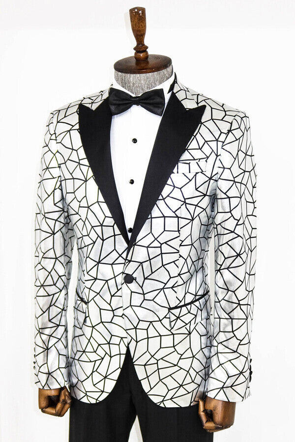 Slim Fit Black Patterned Grey Men Prom Blazer - Wessi