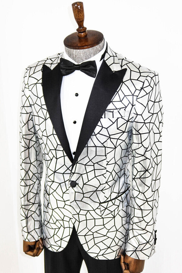 Slim Fit Black Patterned Grey Men Prom Blazer - Wessi