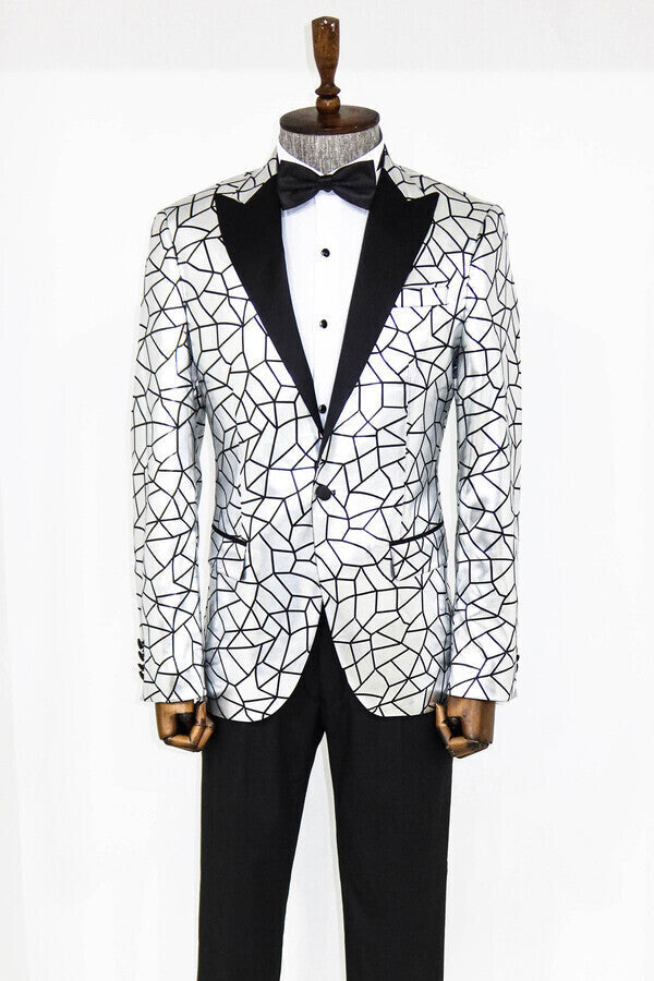 Slim Fit Black Patterned Grey Men Prom Blazer - Wessi