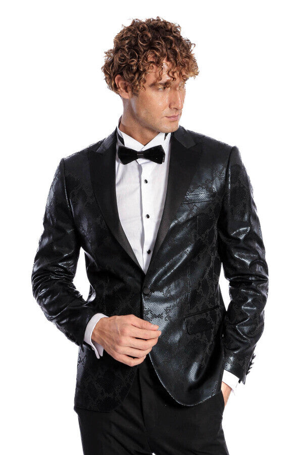 Patterned Slim Fit Black Men's Prom Blazer - Wessi