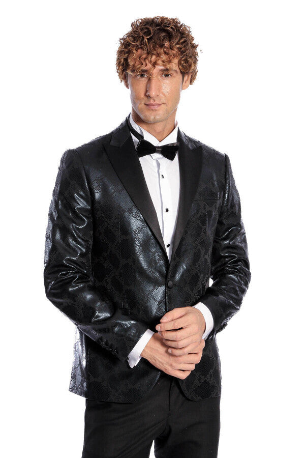 Patterned Slim Fit Black Men's Prom Blazer - Wessi