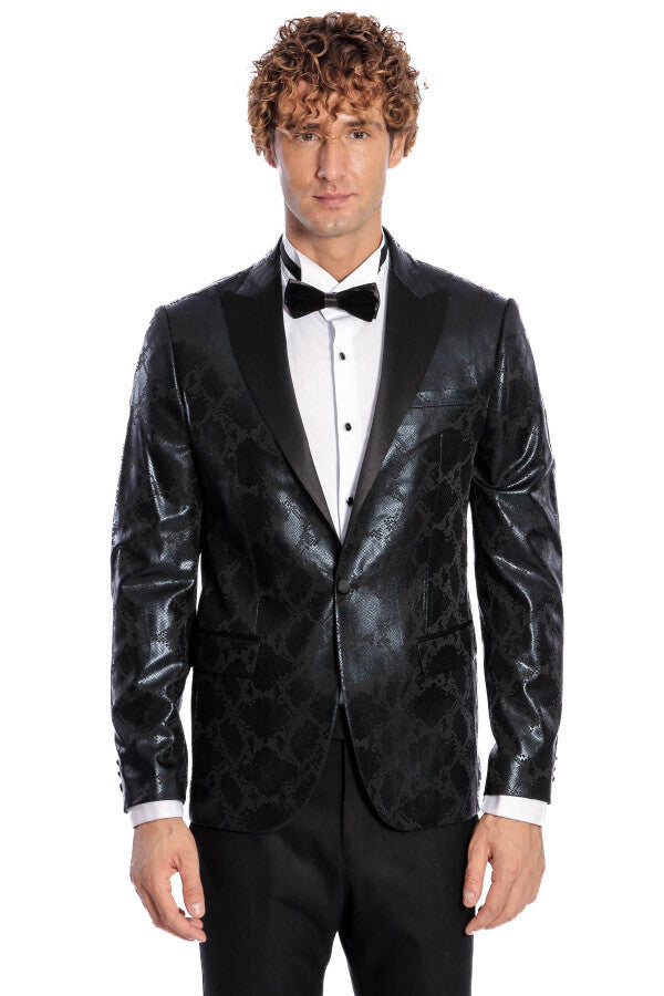 Patterned Slim Fit Black Men's Prom Blazer - Wessi