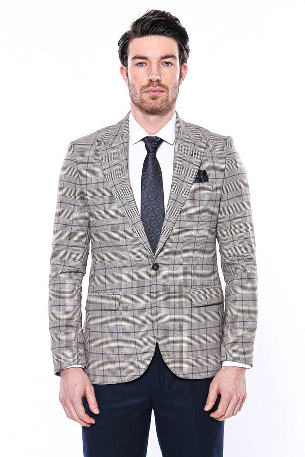 Slim-Fit Checked Beige Men Blazer - Wessi