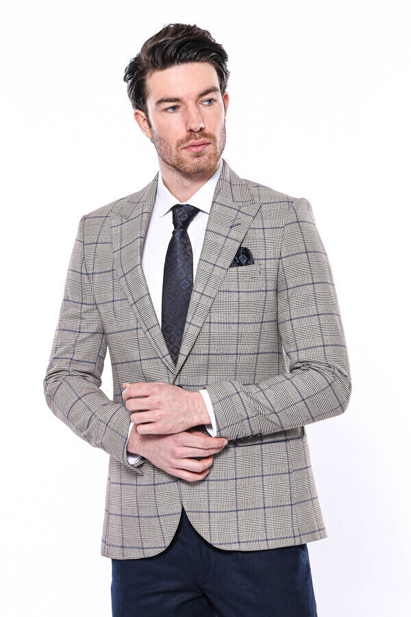 Slim-Fit Checked Beige Men Blazer - Wessi