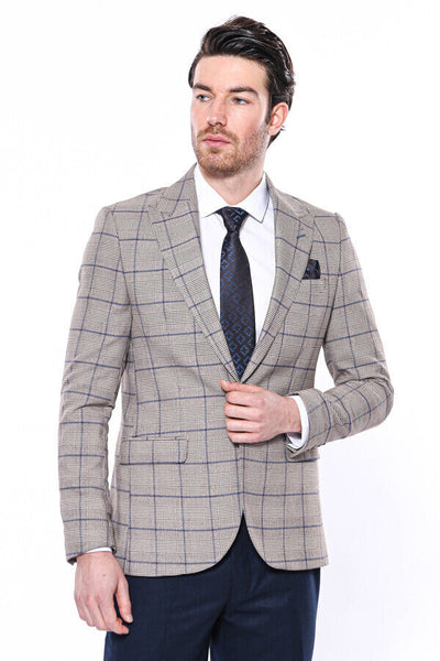 Slim-Fit Checked Beige Men Blazer - Wessi