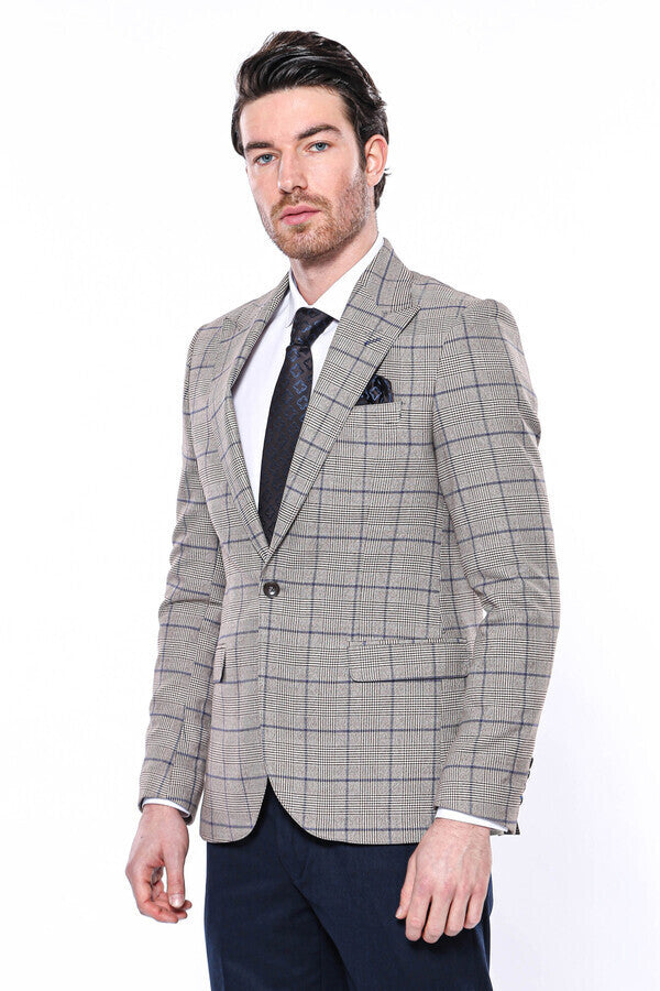 Slim-Fit Checked Beige Men Blazer - Wessi