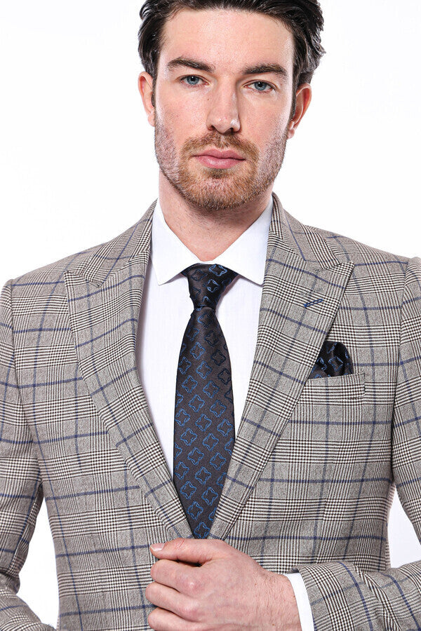 Slim-Fit Checked Beige Men Blazer - Wessi