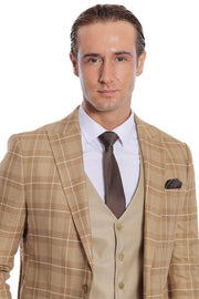 Slim Fit Checked Beige Men Suit - Wessi