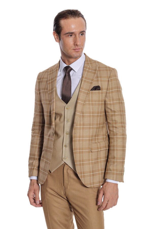 Slim Fit Checked Beige Men Suit - Wessi