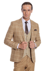 Slim Fit Checked Beige Men Suit - Wessi