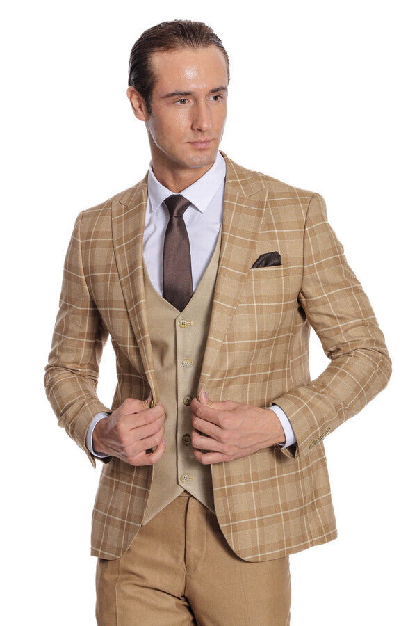 Slim Fit Checked Beige Men Suit - Wessi