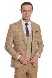 Slim Fit Checked Beige Men Suit - Wessi