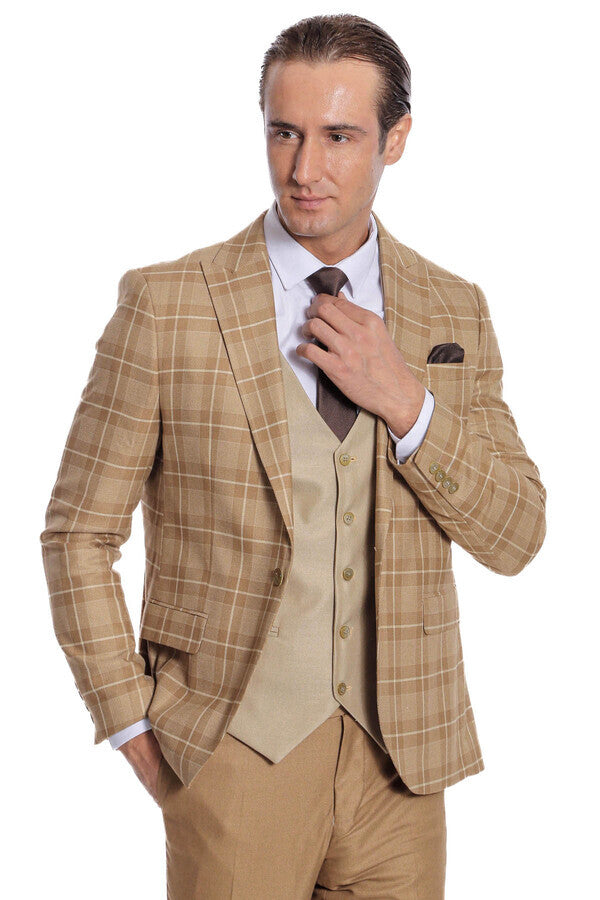 Slim Fit Checked Beige Men Suit - Wessi