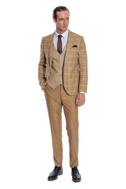 Slim Fit Checked Beige Men Suit - Wessi