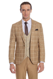 Slim Fit Checked Beige Men Suit - Wessi