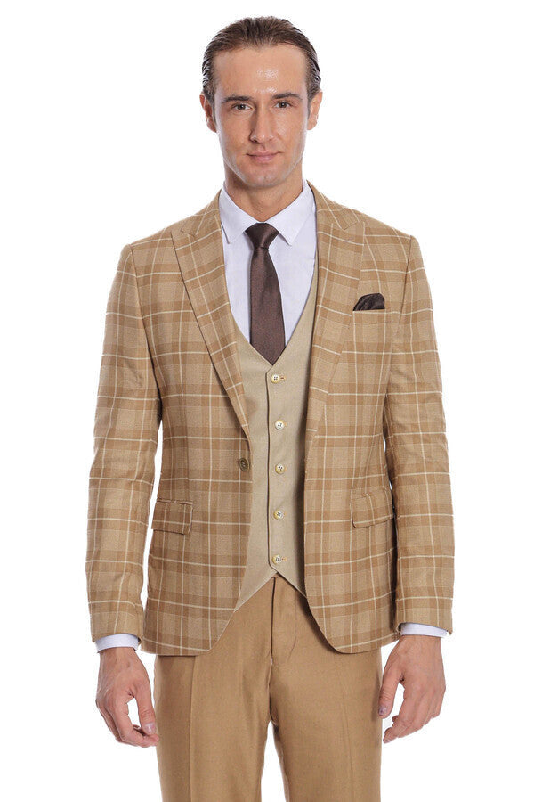 Slim Fit Checked Beige Men Suit - Wessi