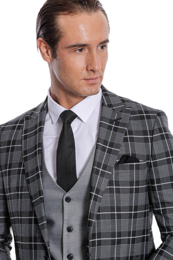 Slim Fit Checked Black Men Suit - Wessi