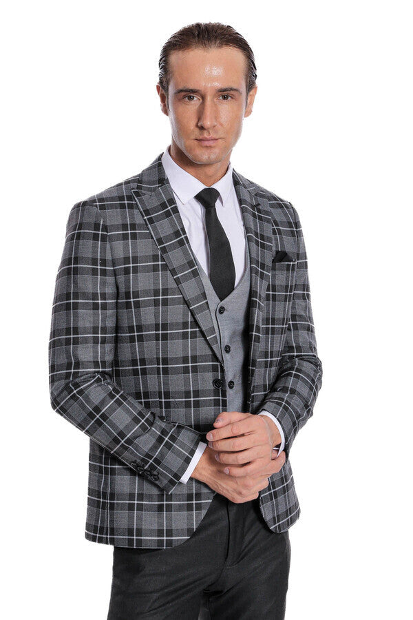 Slim Fit Checked Black Men Suit - Wessi