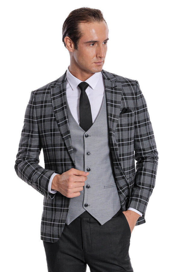 Slim Fit Checked Black Men Suit - Wessi