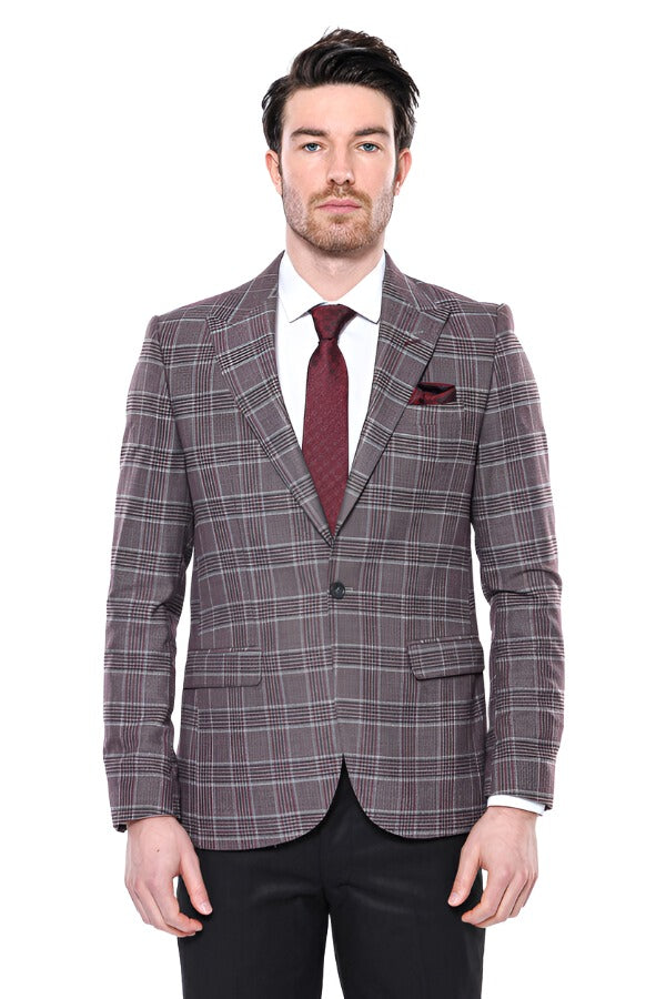 Slim-Fit Checked Burgundy Men Blazer - Wessi