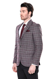 Slim-Fit Checked Burgundy Men Blazer - Wessi