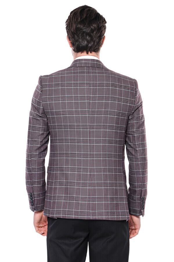 Slim-Fit Checked Burgundy Men Blazer - Wessi