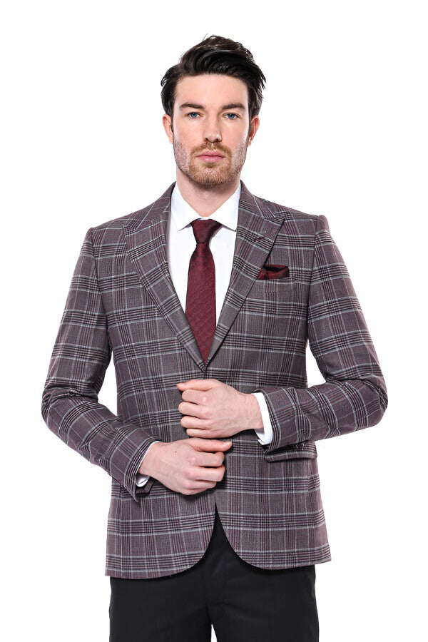 Slim-Fit Checked Burgundy Men Blazer - Wessi