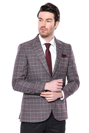 Slim-Fit Checked Burgundy Men Blazer - Wessi