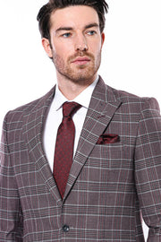 Slim-Fit Checked Burgundy Men Blazer - Wessi