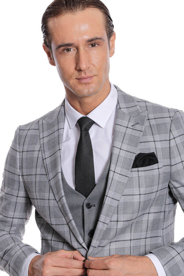 Slim Fit Checked Grey Men Suit - Wessi