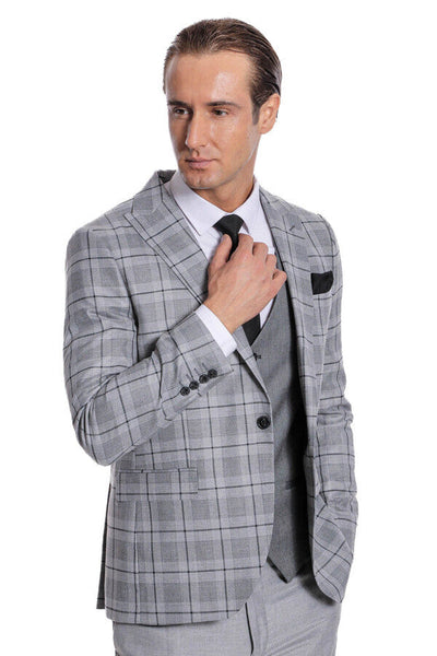 Slim Fit Checked Grey Men Suit - Wessi