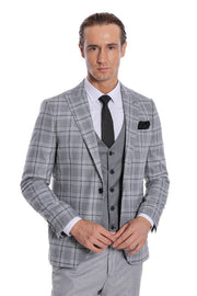 Slim Fit Checked Grey Men Suit - Wessi