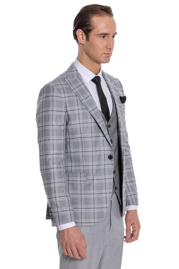 Slim Fit Checked Grey Men Suit - Wessi