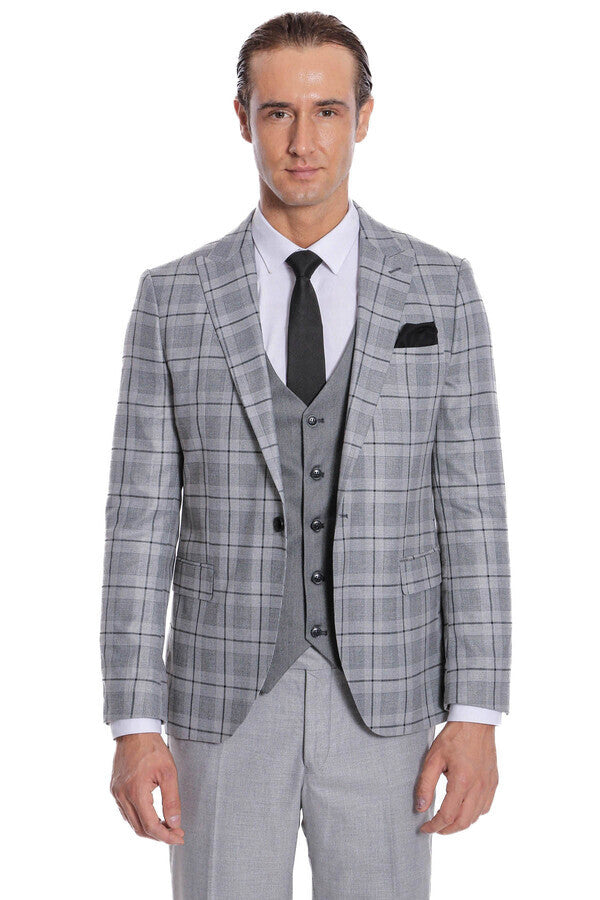 Slim Fit Checked Grey Men Suit - Wessi