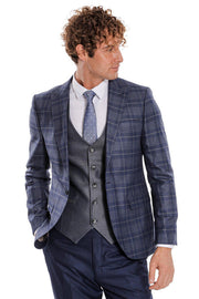 Slim Fit Checked Navy Blue Men Suit - Wessi