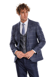 Slim Fit Checked Navy Blue Men Suit - Wessi