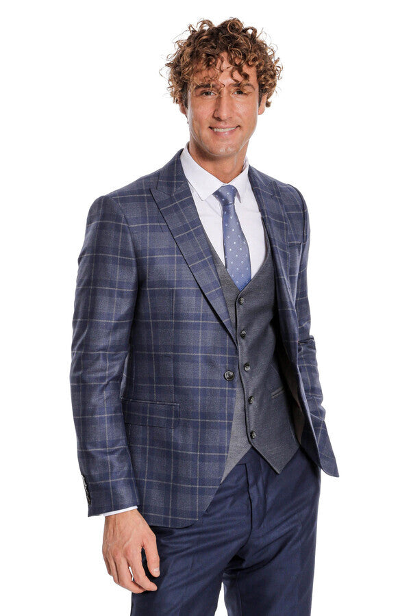 Slim Fit Checked Navy Blue Men Suit - Wessi