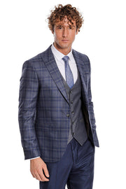 Slim Fit Checked Navy Blue Men Suit - Wessi