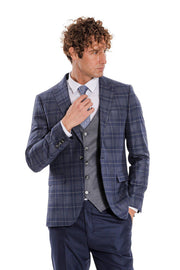 Slim Fit Checked Navy Blue Men Suit - Wessi