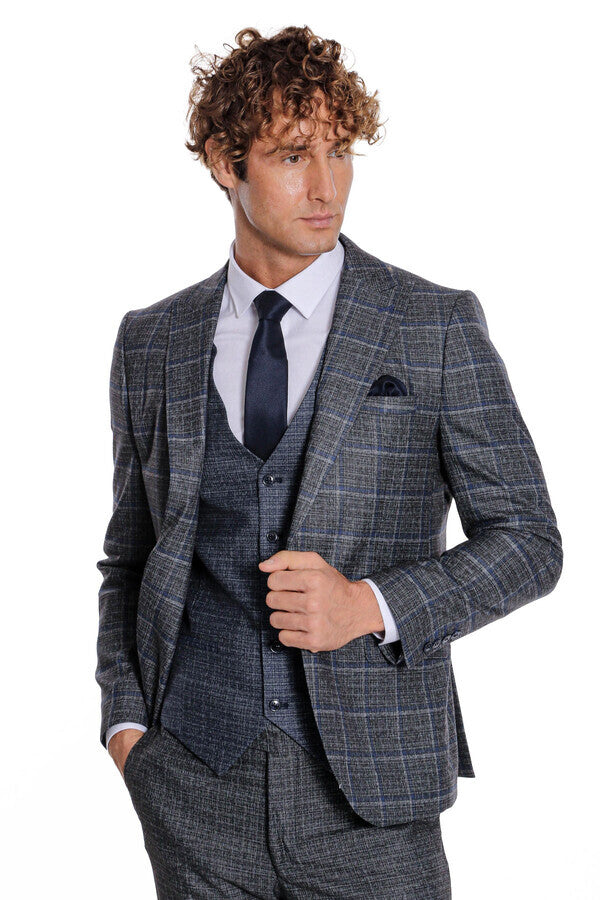 Slim Fit Checked Patterned Black Men Suit - Wessi