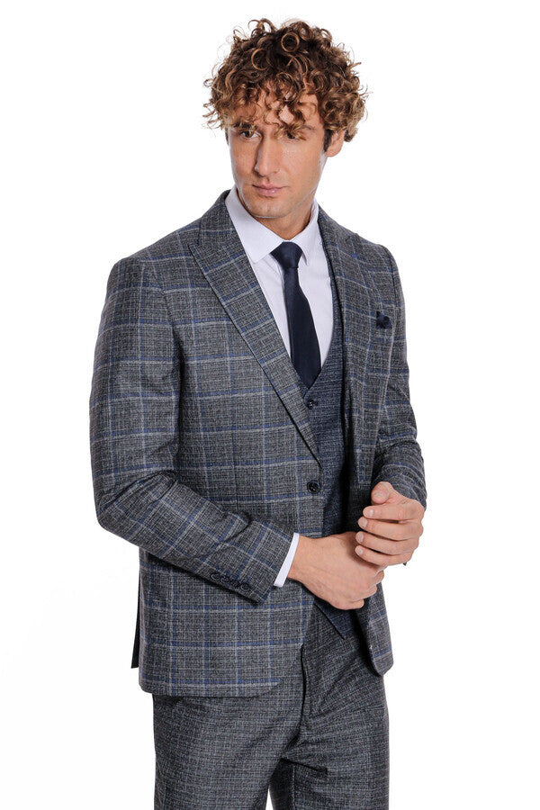 Slim Fit Checked Patterned Black Men Suit - Wessi