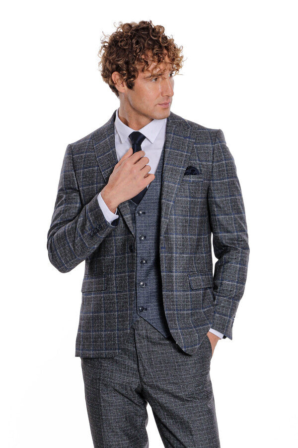 Slim Fit Checked Patterned Black Men Suit - Wessi