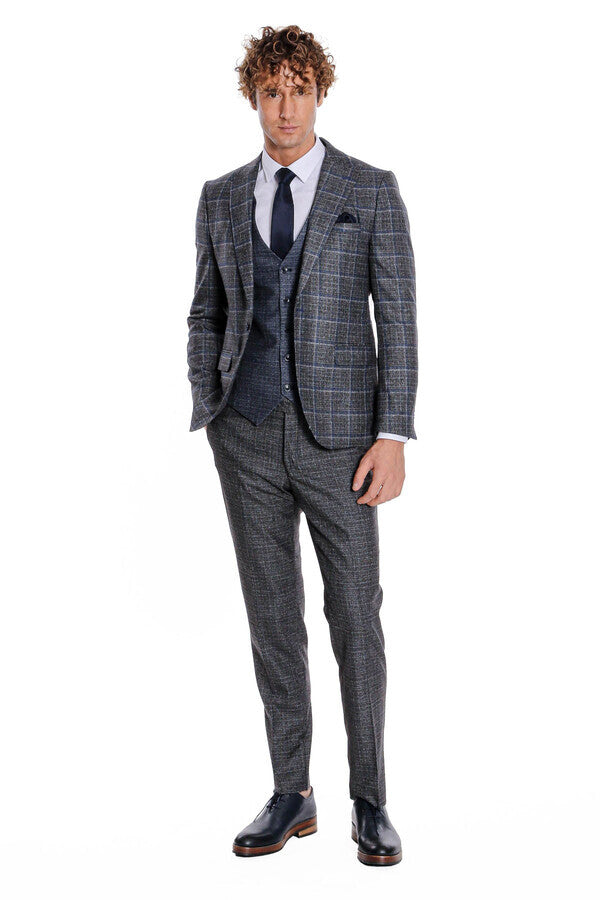 Slim Fit Checked Patterned Black Men Suit - Wessi